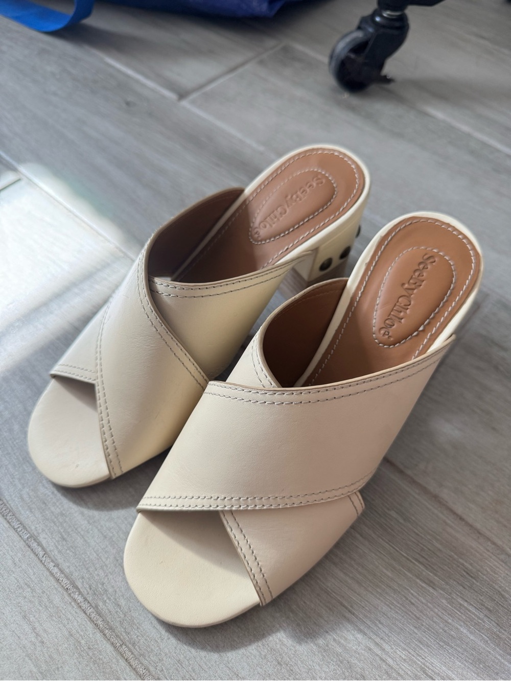 See by Chloe Beige Cross-Band Mule Heels - Casual Women's Slides